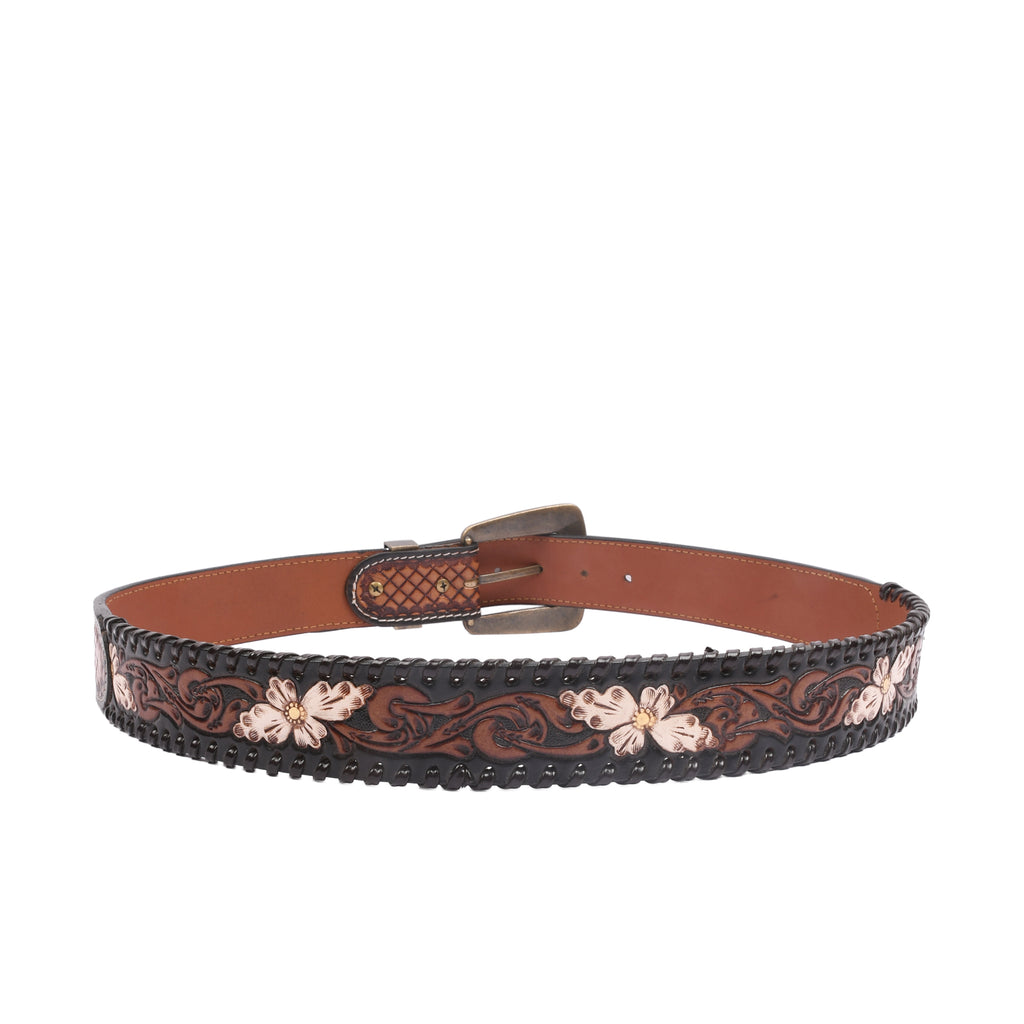 Dakota Basketweave Vintage 38MM leather belt side profile with antique brass hardware