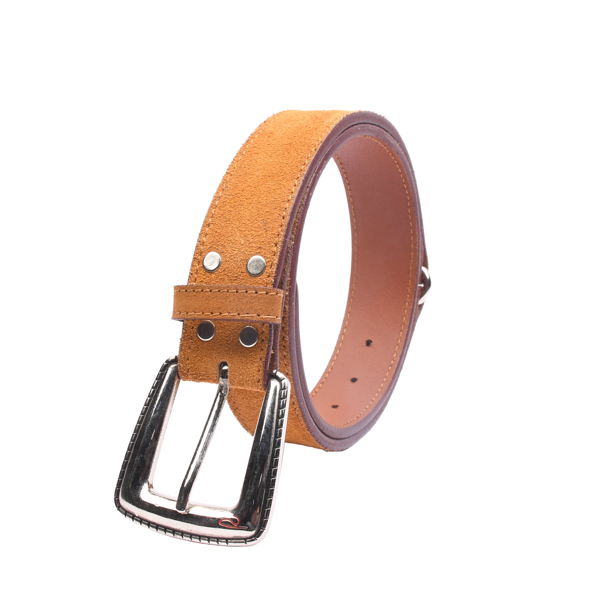 Sandridge Suede close-up showing velvety full-grain suede leather texture and brushed silver buckle detail