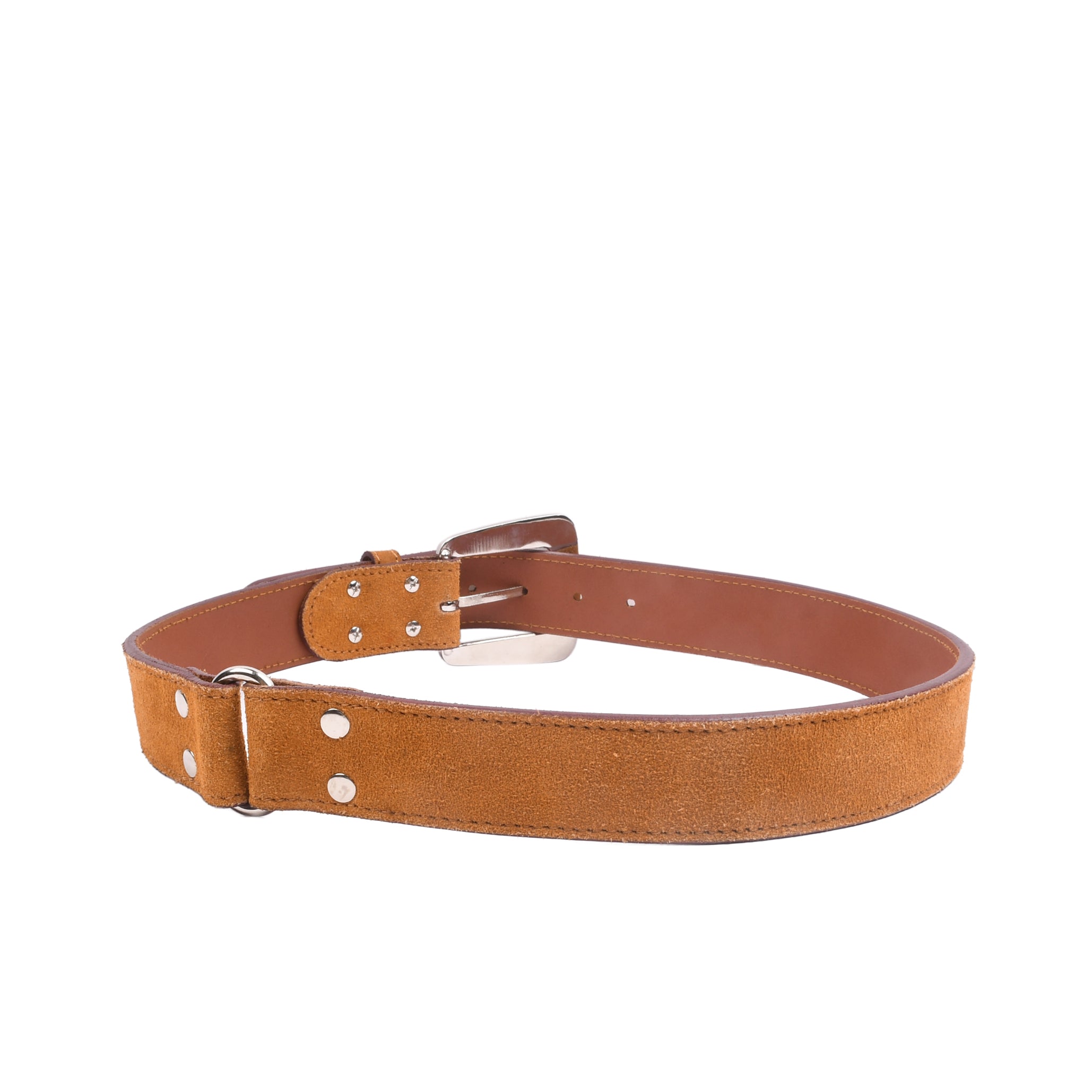 Sandridge Suede side profile showing suede belt width and double-rivet reinforced buckle attachment
