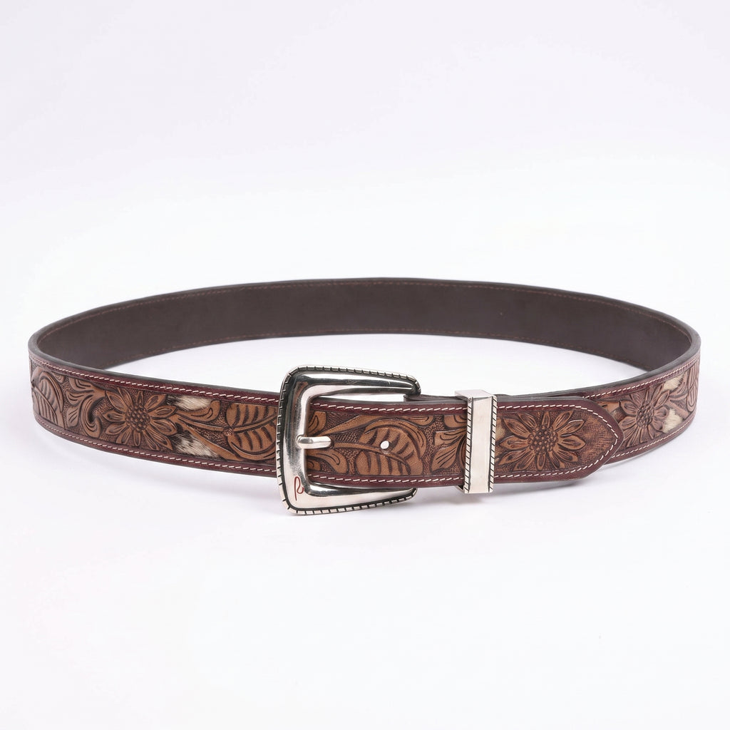Bronco Silver hairon leather belt western embossed detail close-up showing nickel buckle and textured leather