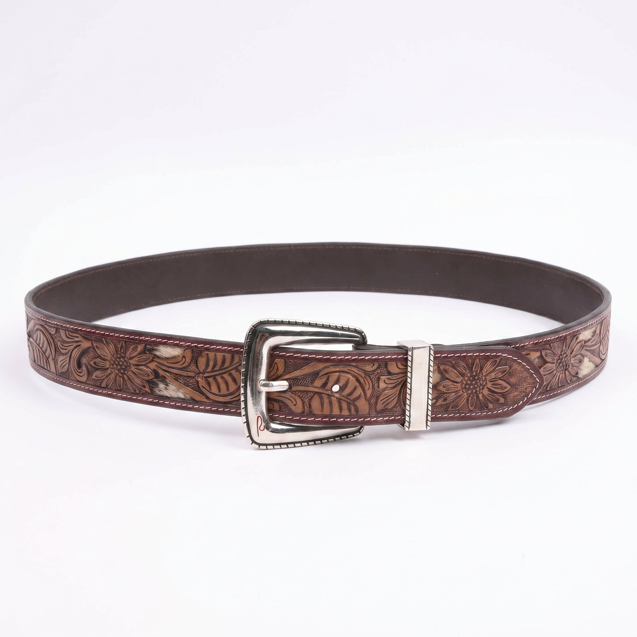 Bronco Silver hairon leather belt western embossed detail close-up showing nickel buckle and textured leather