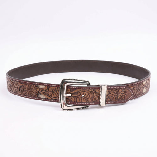 Bronco Silver hairon leather belt western embossed detail close-up showing nickel buckle and textured leather
