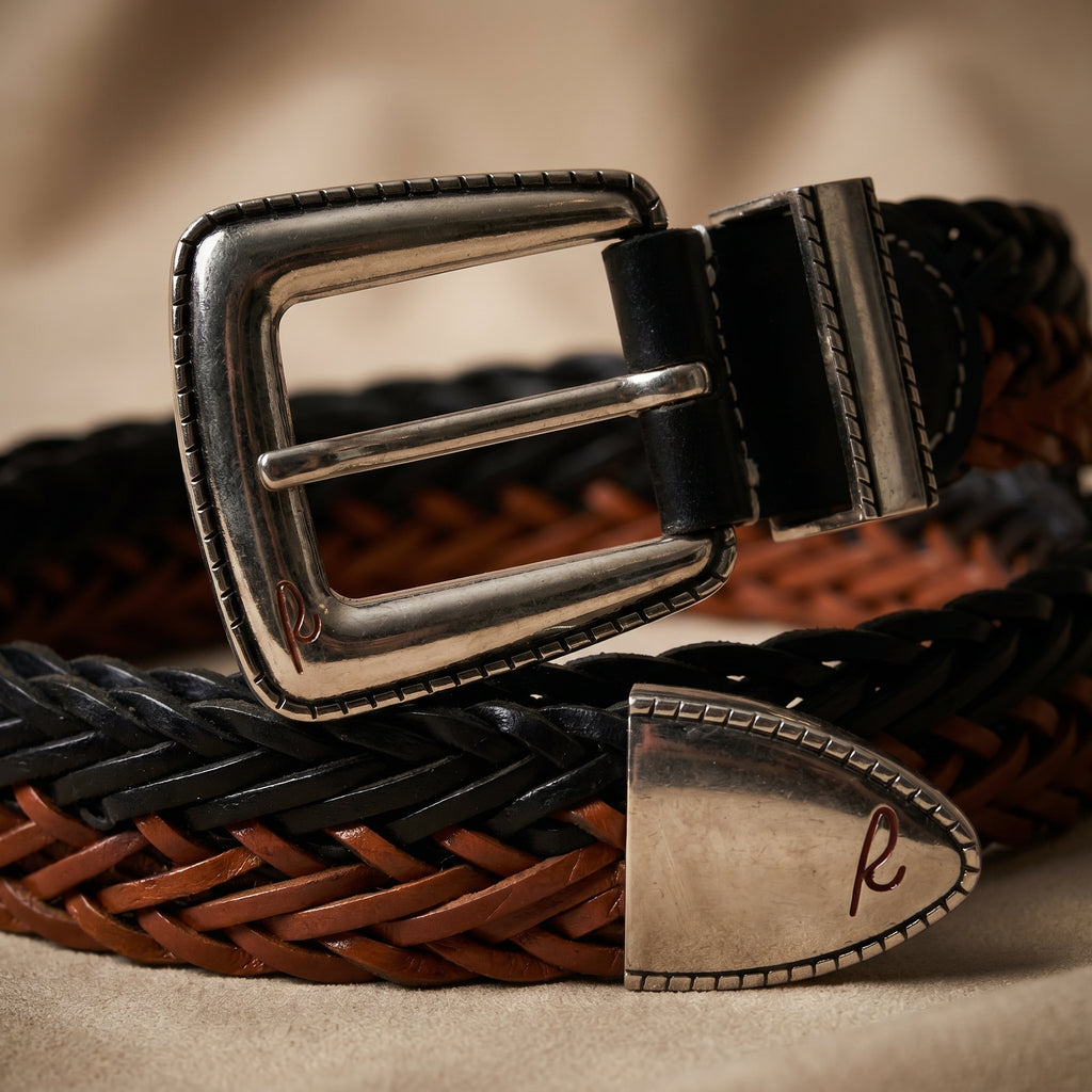 Windsor Weave Black and Nickel two-tone braided leather belt full view showing nickel buckle and weave pattern