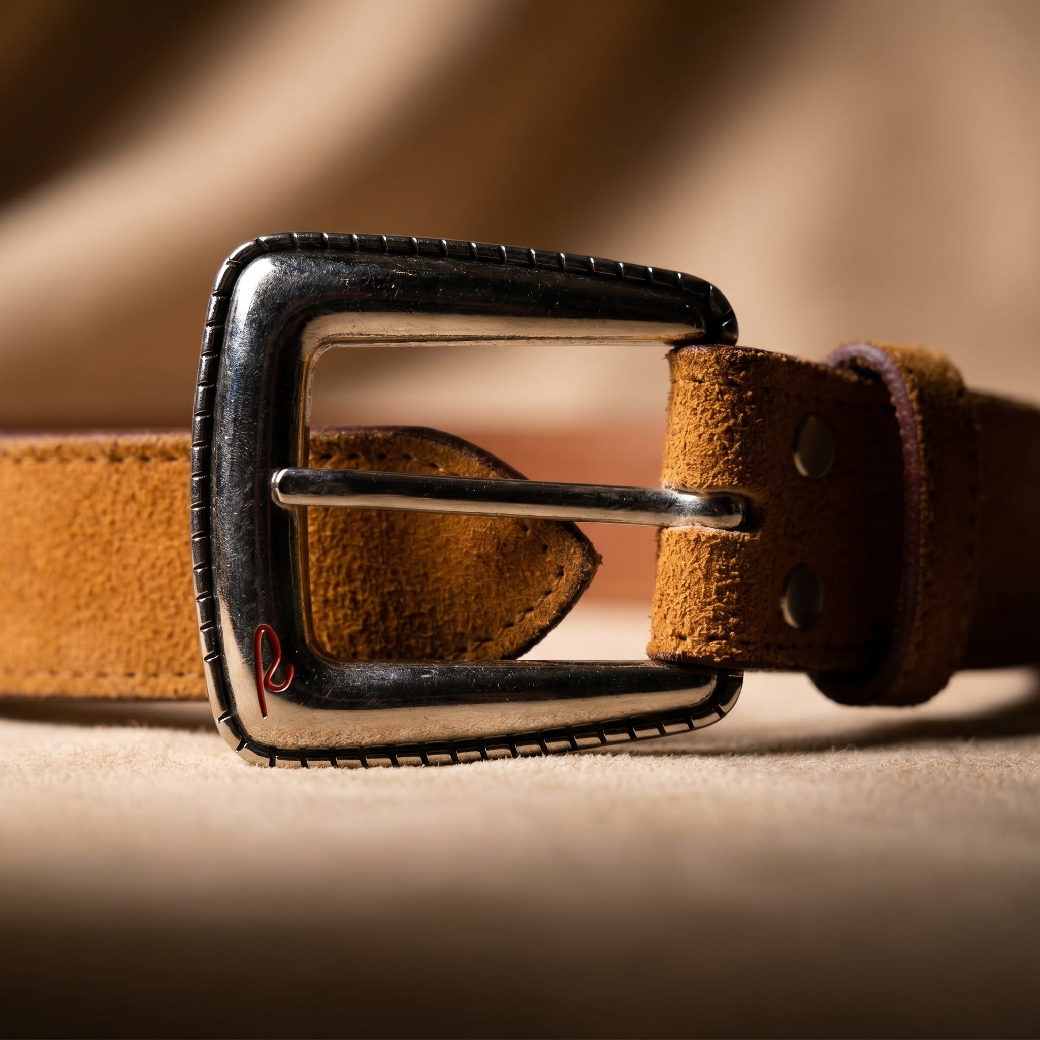 Sandridge Suede 38MM suede leather belt full view showing warm sand tone and silver hardware