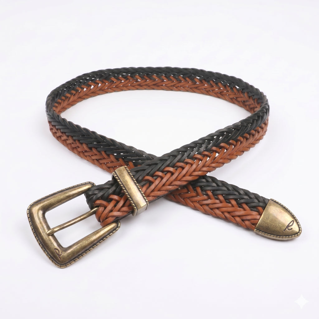 Windsor Weave Black and Tan braided leather belt silver tip and keeper reinforced leather detail close-up