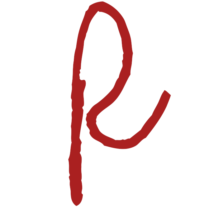 Red signature-like symbol on a white background