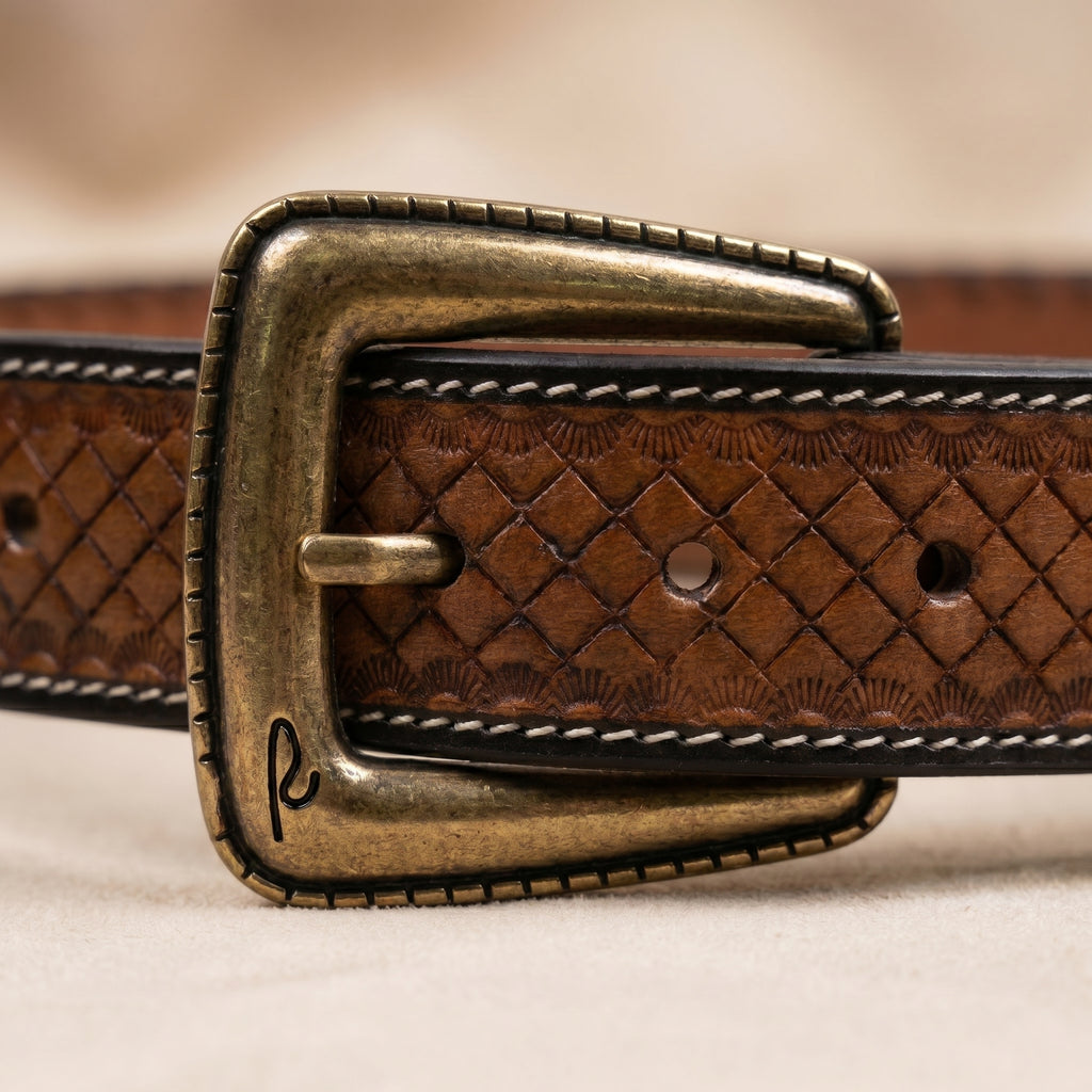 Dakota Basketweave Vintage antique brass buckle detail close-up with embossed leather keeper
