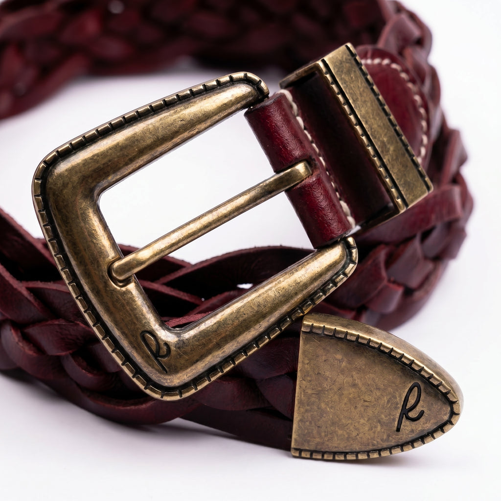 Rosso Windsor Brass close-up showing antique brass buckle finish and deep red braided leather texture