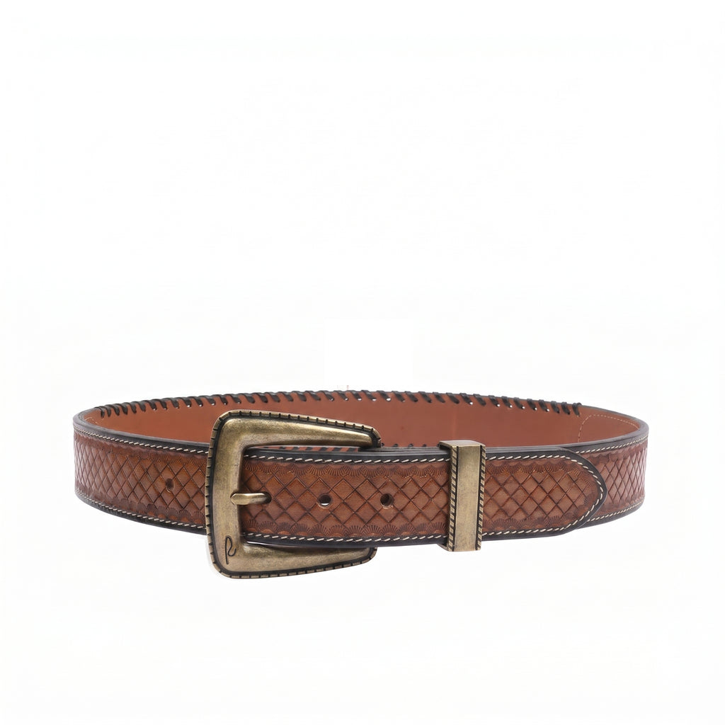 Dakota Basketweave Vintage full leather belt view with antique brass buckle and basketweave embossing for men India
