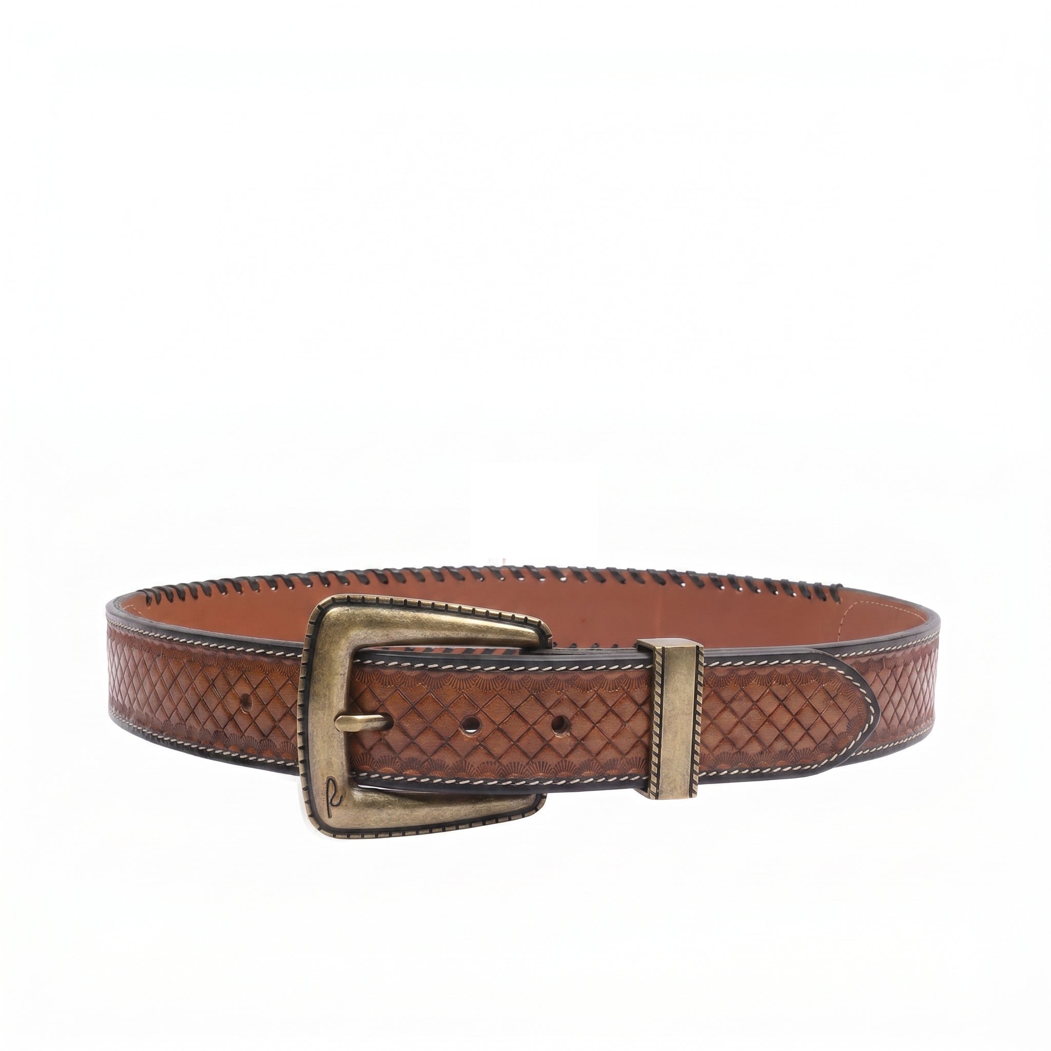 Dakota Basketweave Vintage full leather belt view with antique brass buckle and basketweave embossing for men India